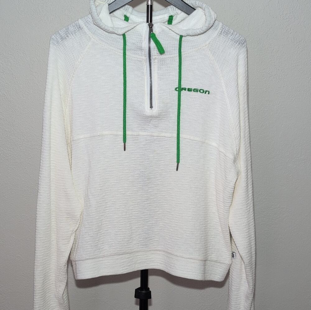 Colosseum 1/4 Zip Hoodie Oregon Ducks Pullover Womens Ivory Green Drawstring L